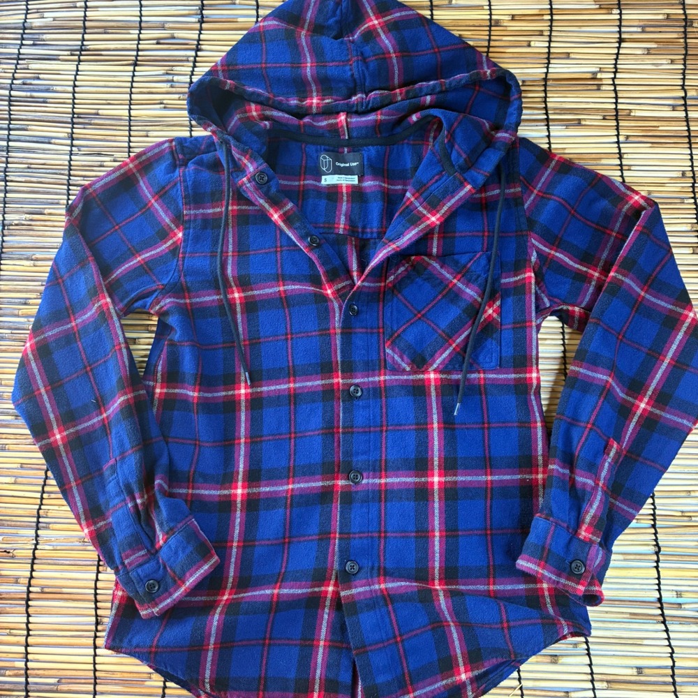 Original Use Mens Blue Red Plaid Hooded Flannel Shirt Small